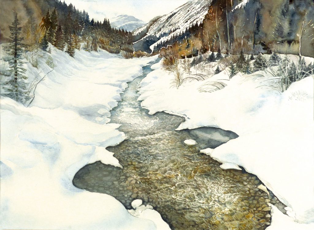 Spätwinter am Kalserbach bei Lana, Aquarell 2021 © Hannelore Nenning